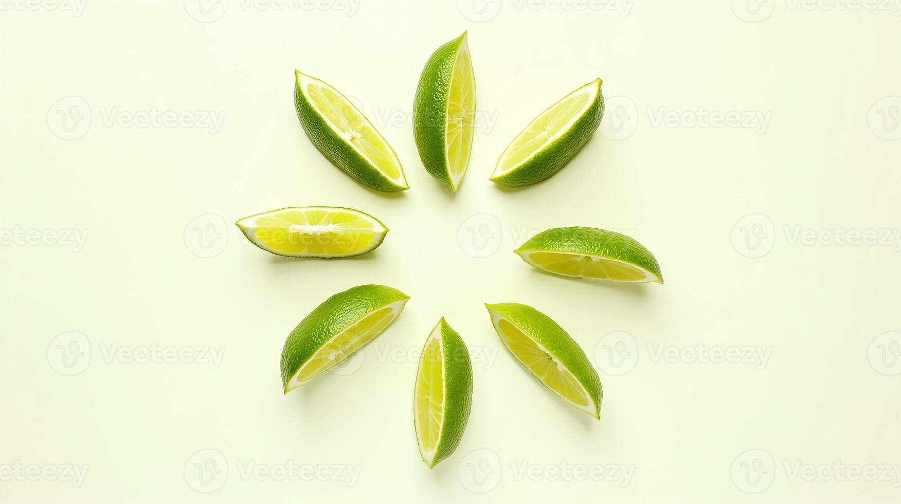 Circular arrangement of lime wedges against a neutral backdrop. photo