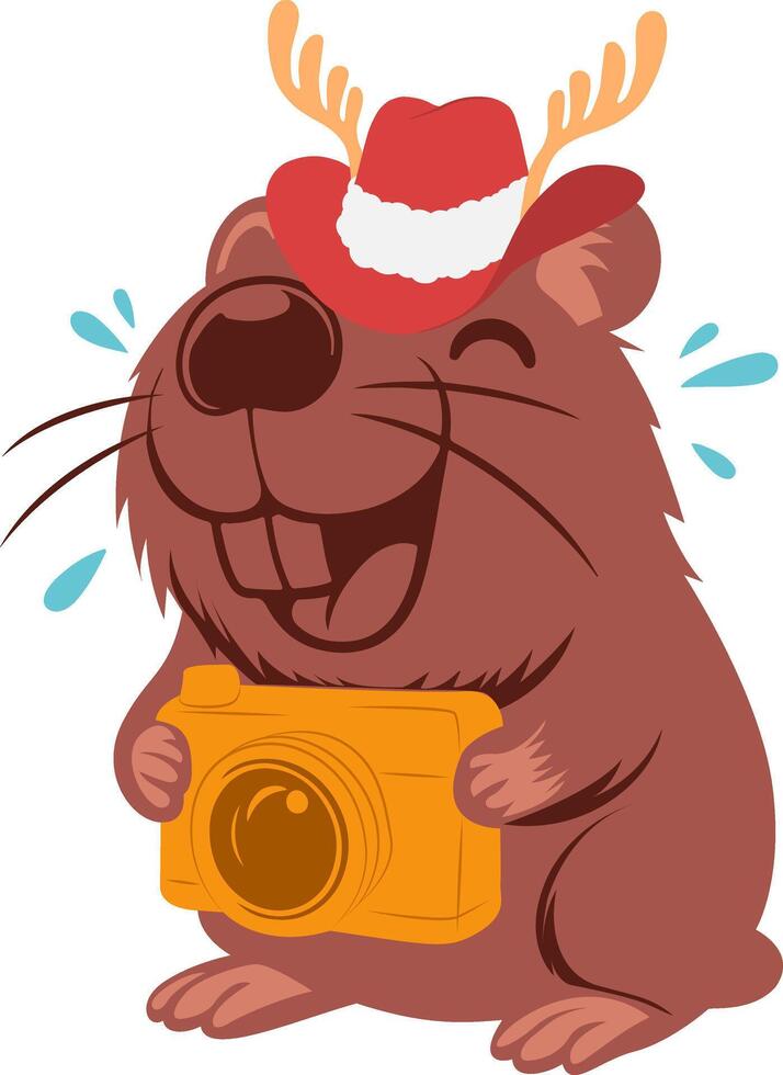 Christmas Happy Beaver Photographer Festive Hat vector