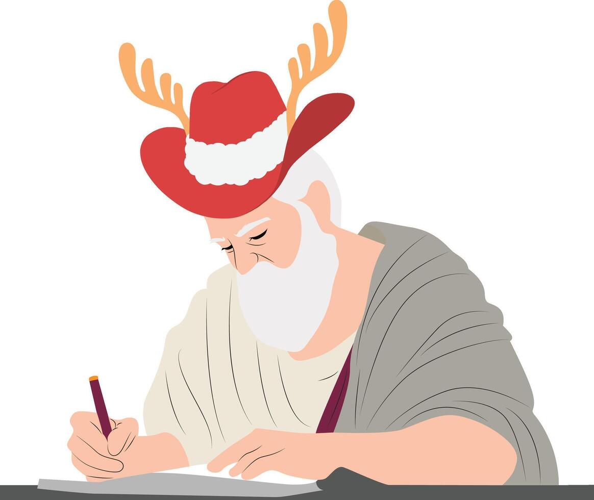 A man wearing a deer head hat writing on a piece of paper vector