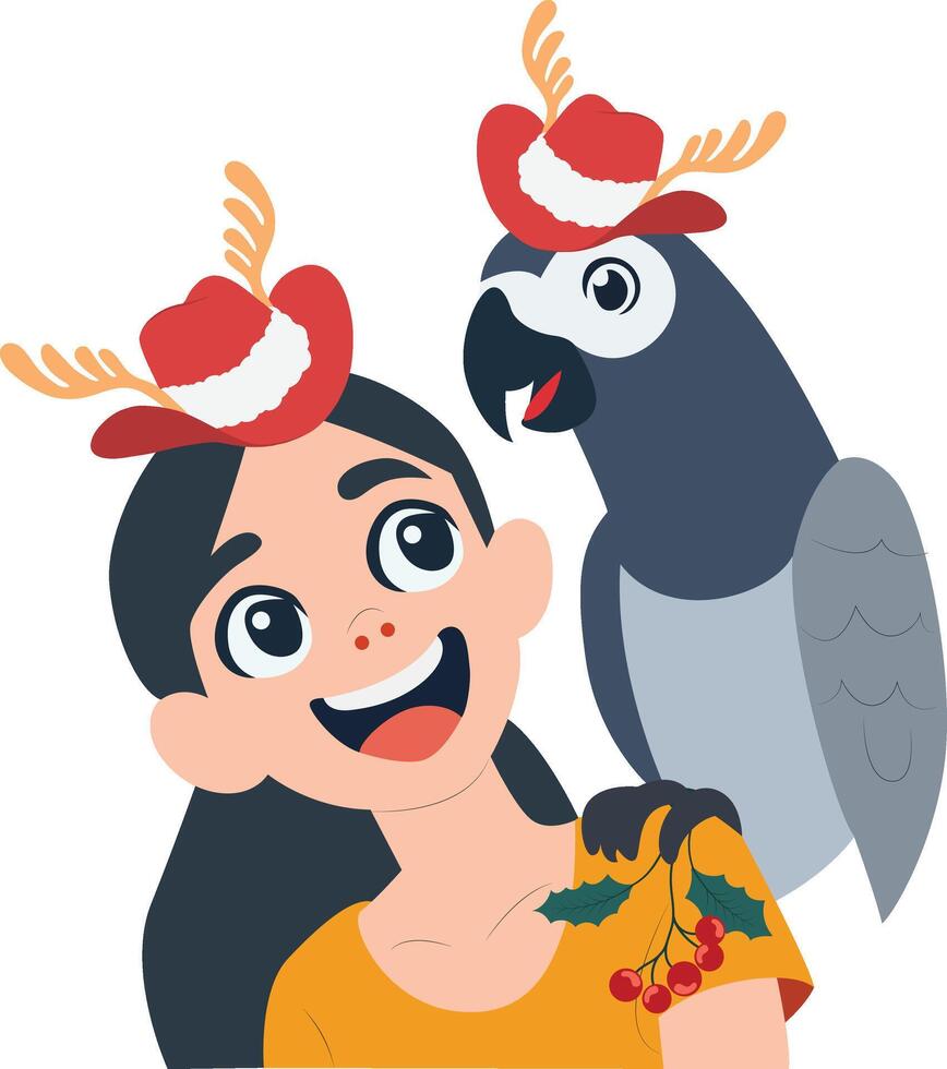 A girl with a parrot on her shoulder vector