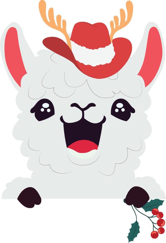 A cartoon llama wearing a santa hat and holding a holly branch vector