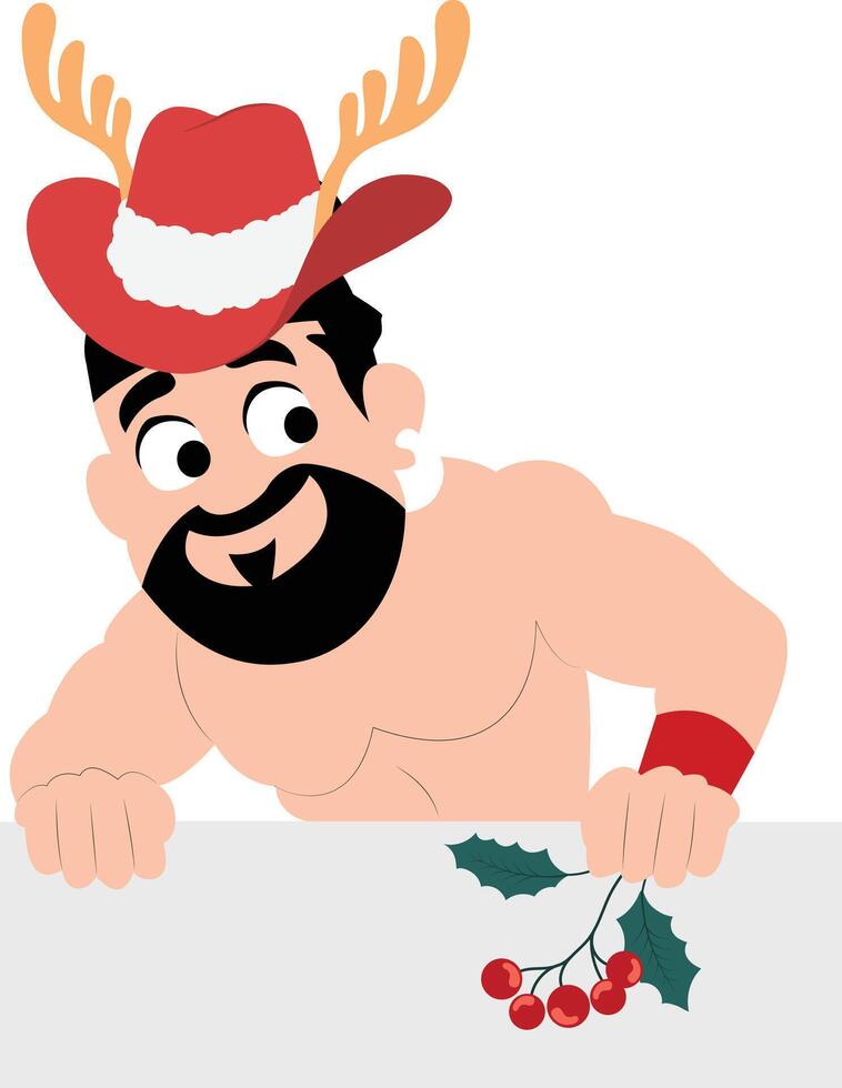 A cartoon man with a beard and antlers is holding a sign with holly berries vector
