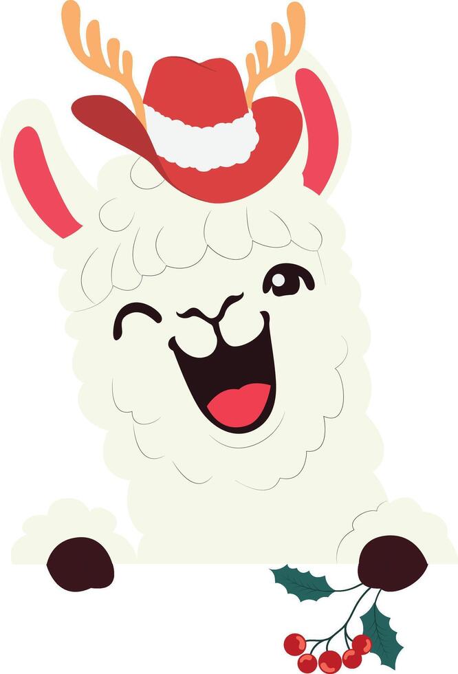 A llama wearing a santa hat and holding a holly branch vector