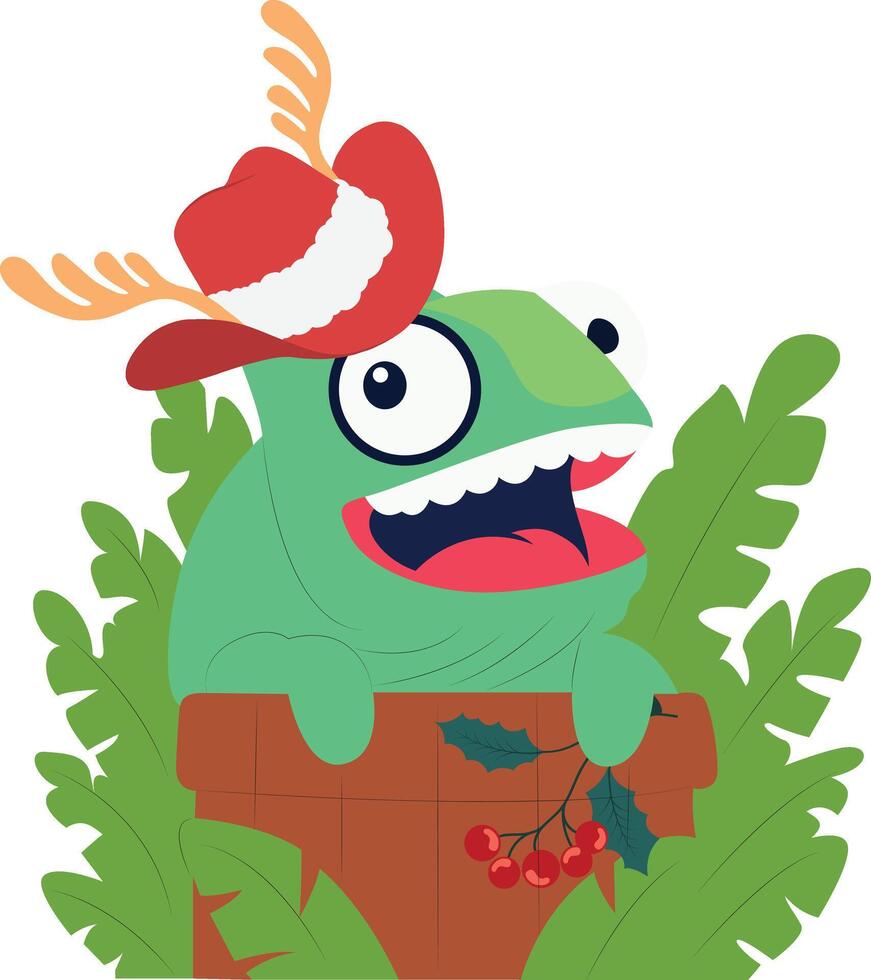 A cartoon chameleon wearing a red hat and holding a red berry vector