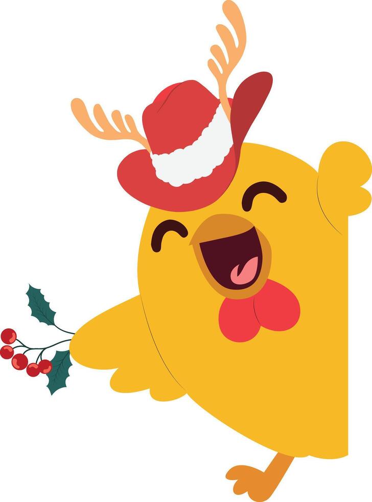 A cartoon chicken wearing a santa hat and holding a holly branch vector