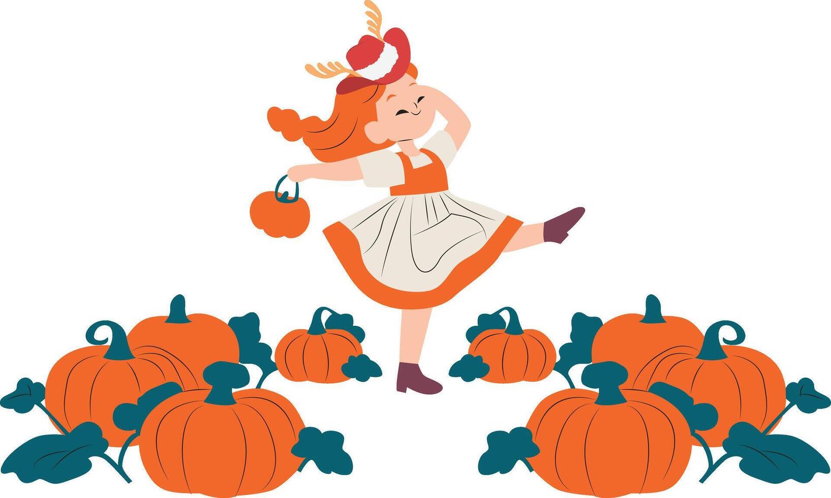 A girl in a dress is standing in a pumpkin patch vector