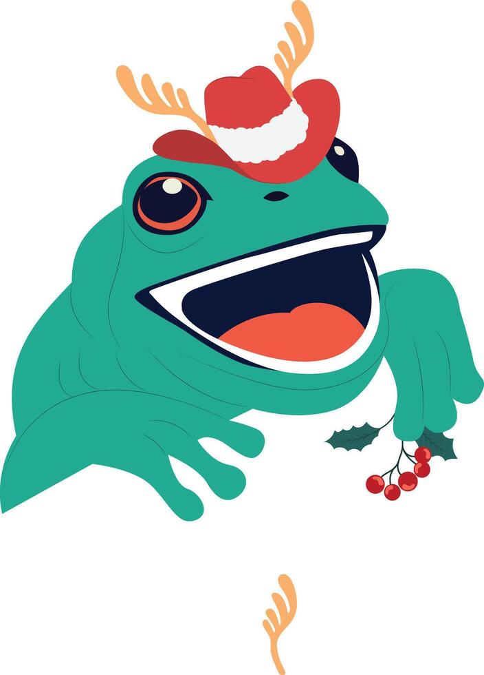 A cartoon frog wearing a santa hat and holding a holly branch vector