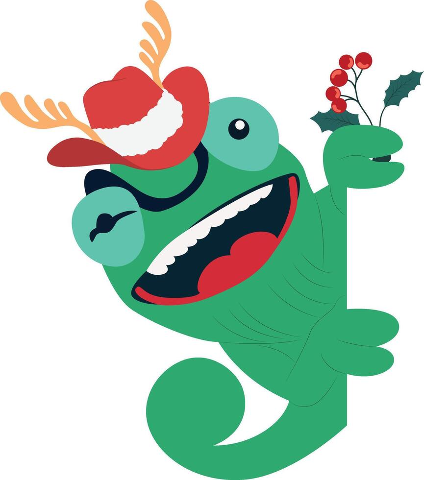 A cartoon chameleon wearing a hat and holding a holly branch vector