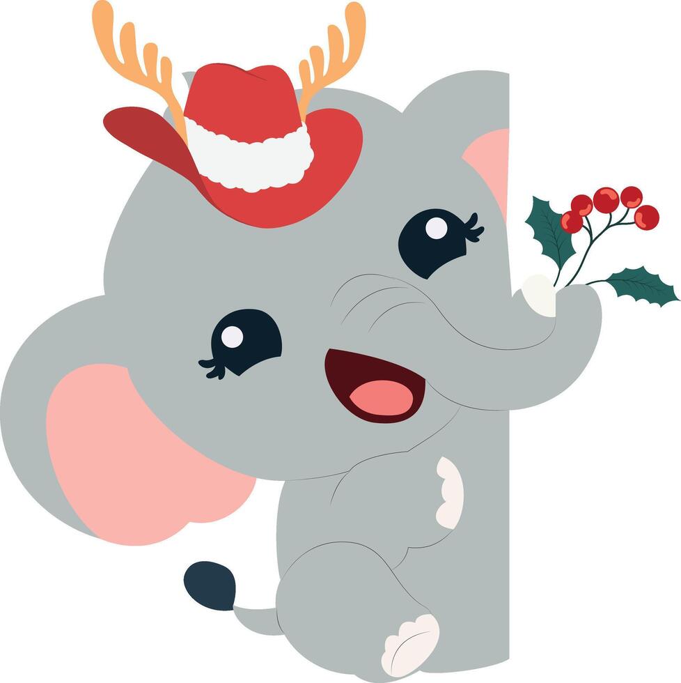 An elephant wearing a santa hat holding a holly branch vector