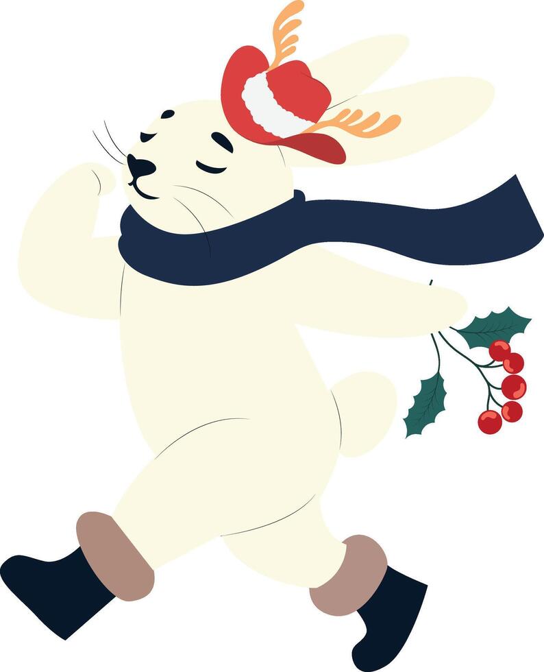 A cartoon rabbit wearing a hat and scarf running with a holly branch vector