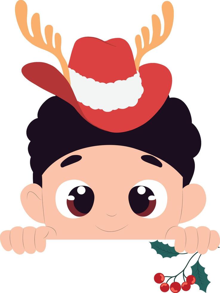 A cartoon boy with a santa hat and deer horns vector