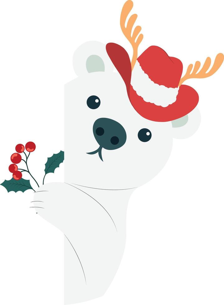 A polar bear wearing a santa hat and holding a holly branch vector