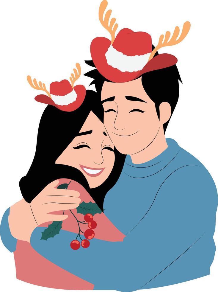 A couple hugging with reindeer hats on their heads vector