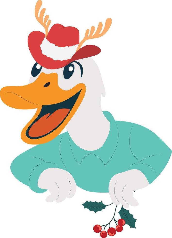 A cartoon duck wearing a santa hat and holding a holly branch vector