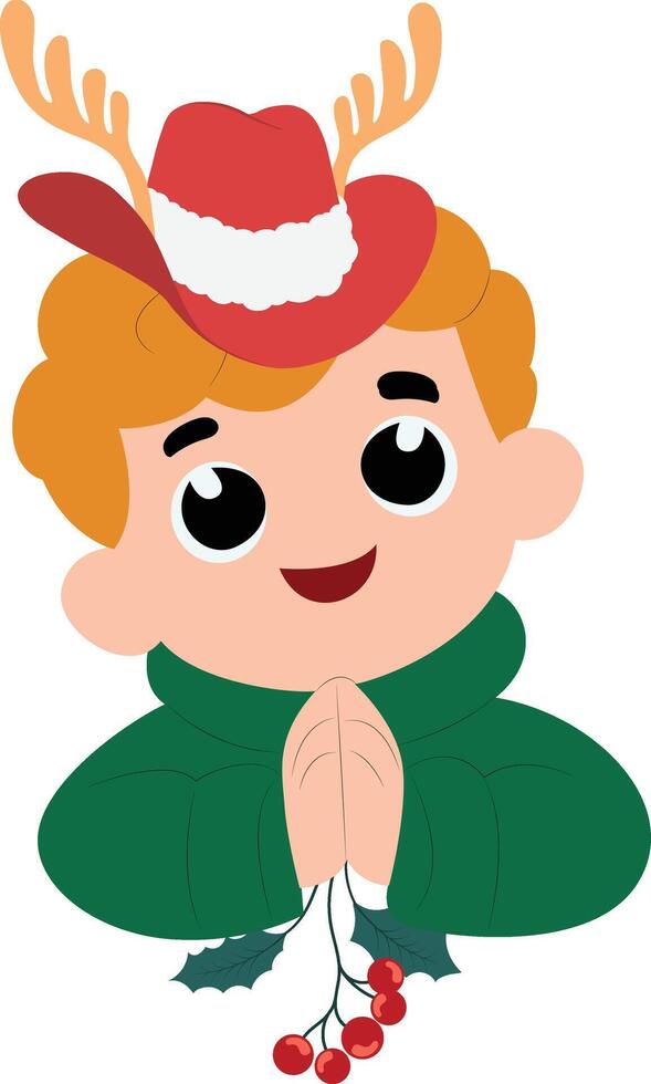 A cartoon boy wearing a santa hat and holding a holly branch vector