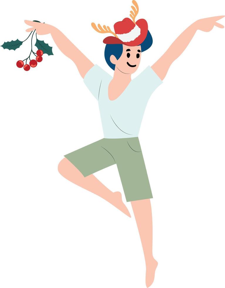 A man in a hat and shorts is dancing with a holly branch vector