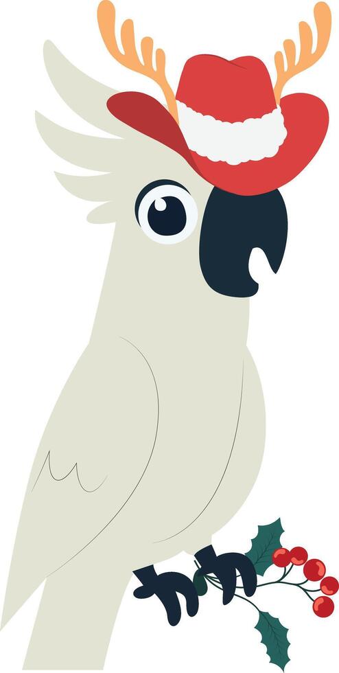 A cartoon white cockatoo wearing a red hat and holding a holly branch vector