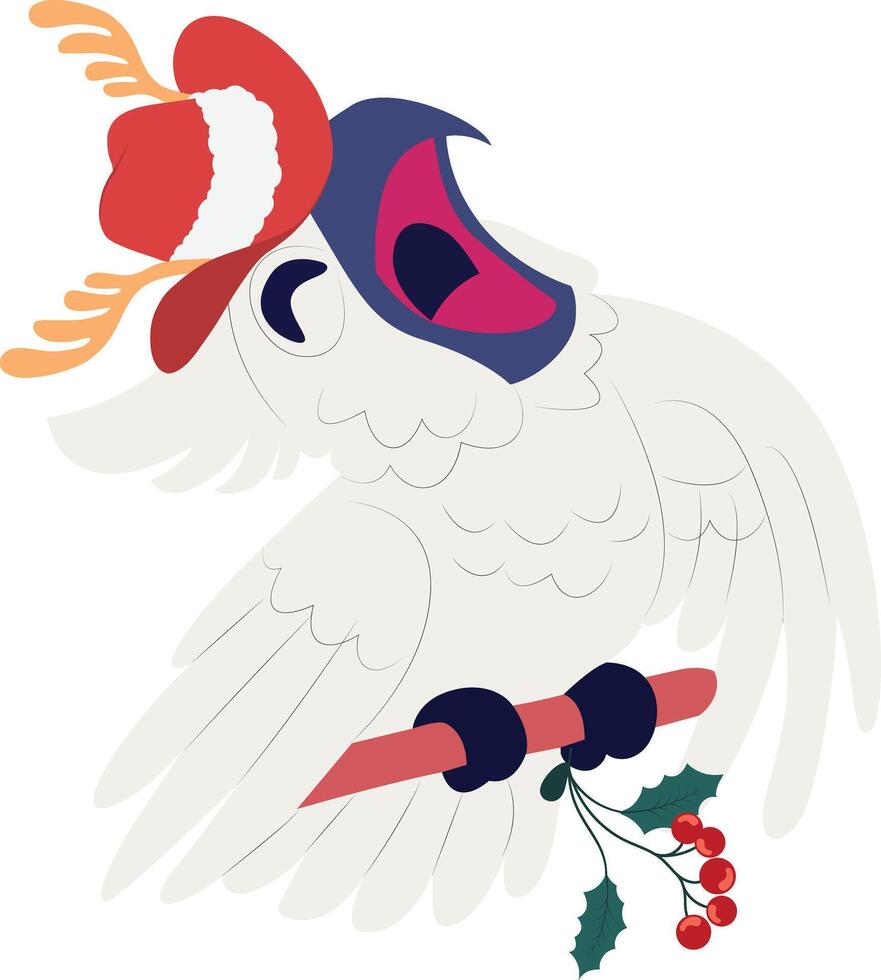 A cartoon white parrot wearing a santa hat and holding a holly branch vector