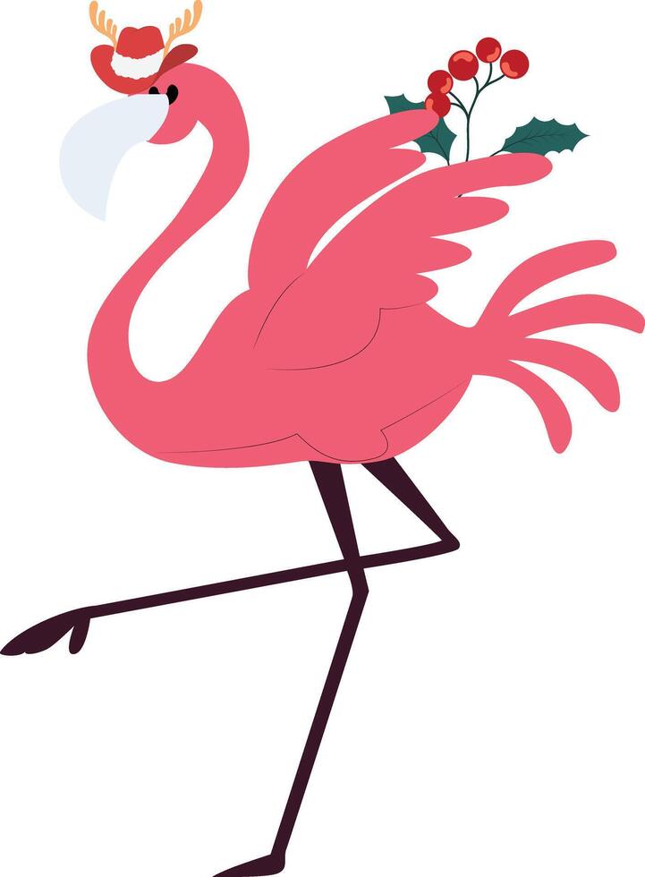 A cartoon flamingo with a hat and holly berries vector