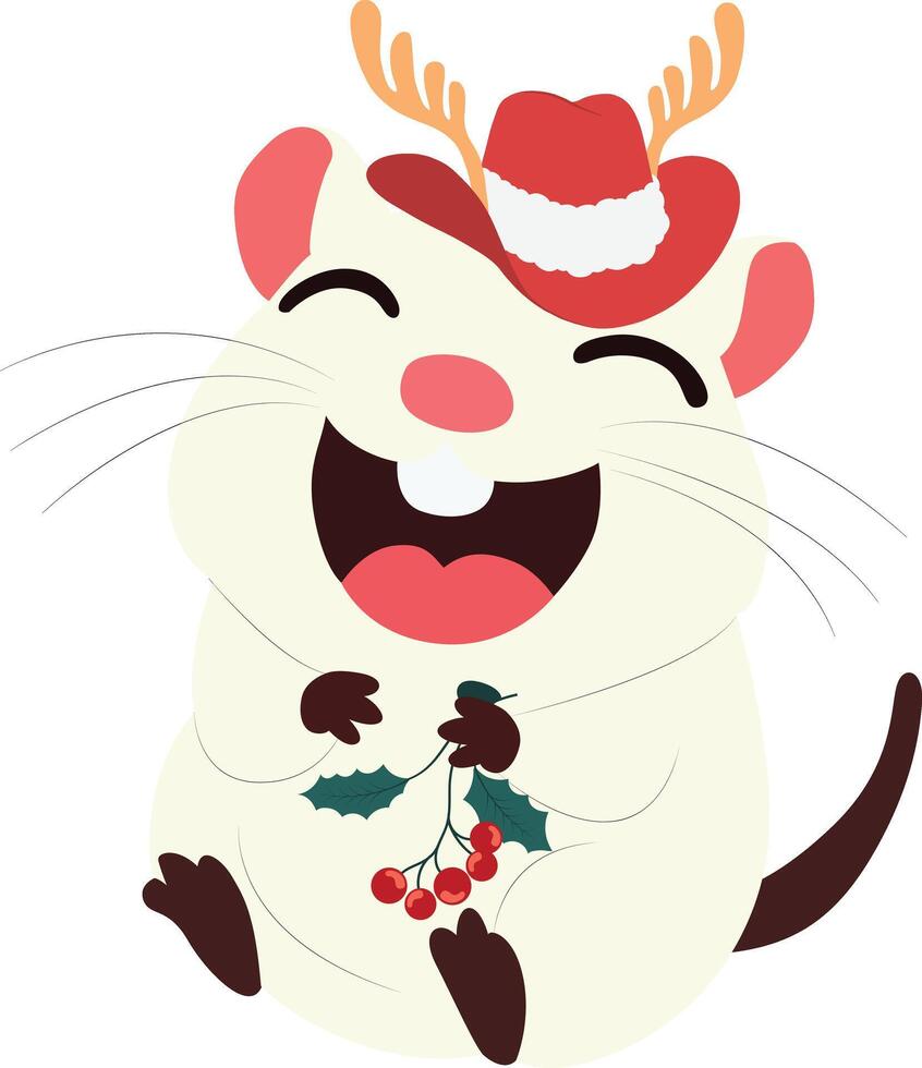 A cartoon mouse wearing a santa hat and holding berries vector
