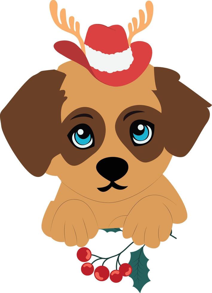 A cartoon dog wearing a santa hat and holding berries vector