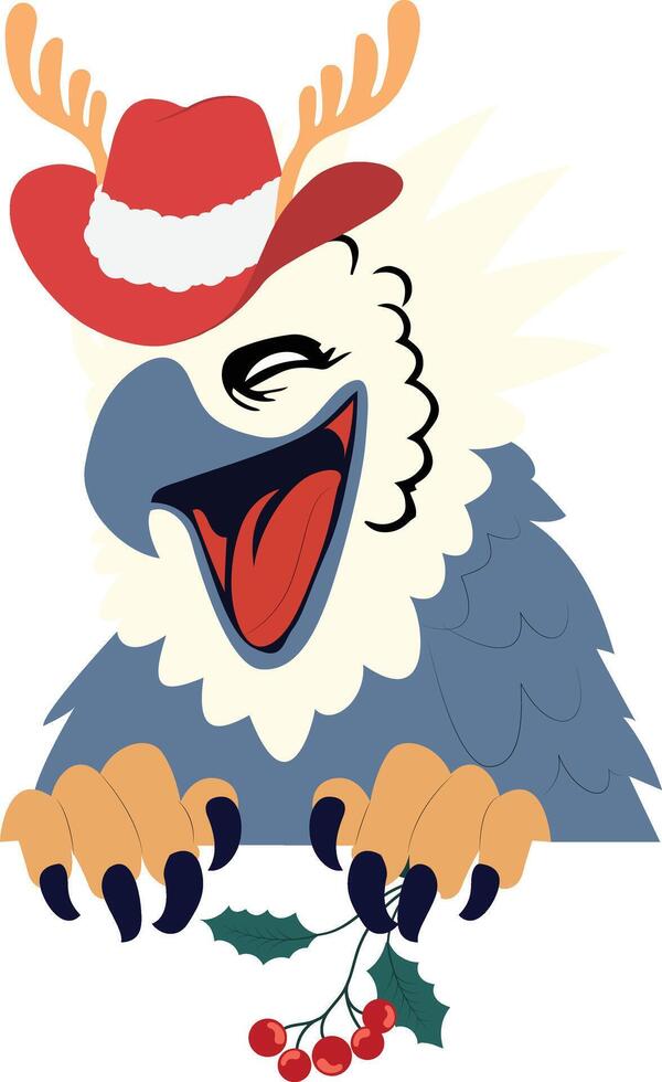 A cartoon eagle wearing a santa hat and holding a holly branch vector