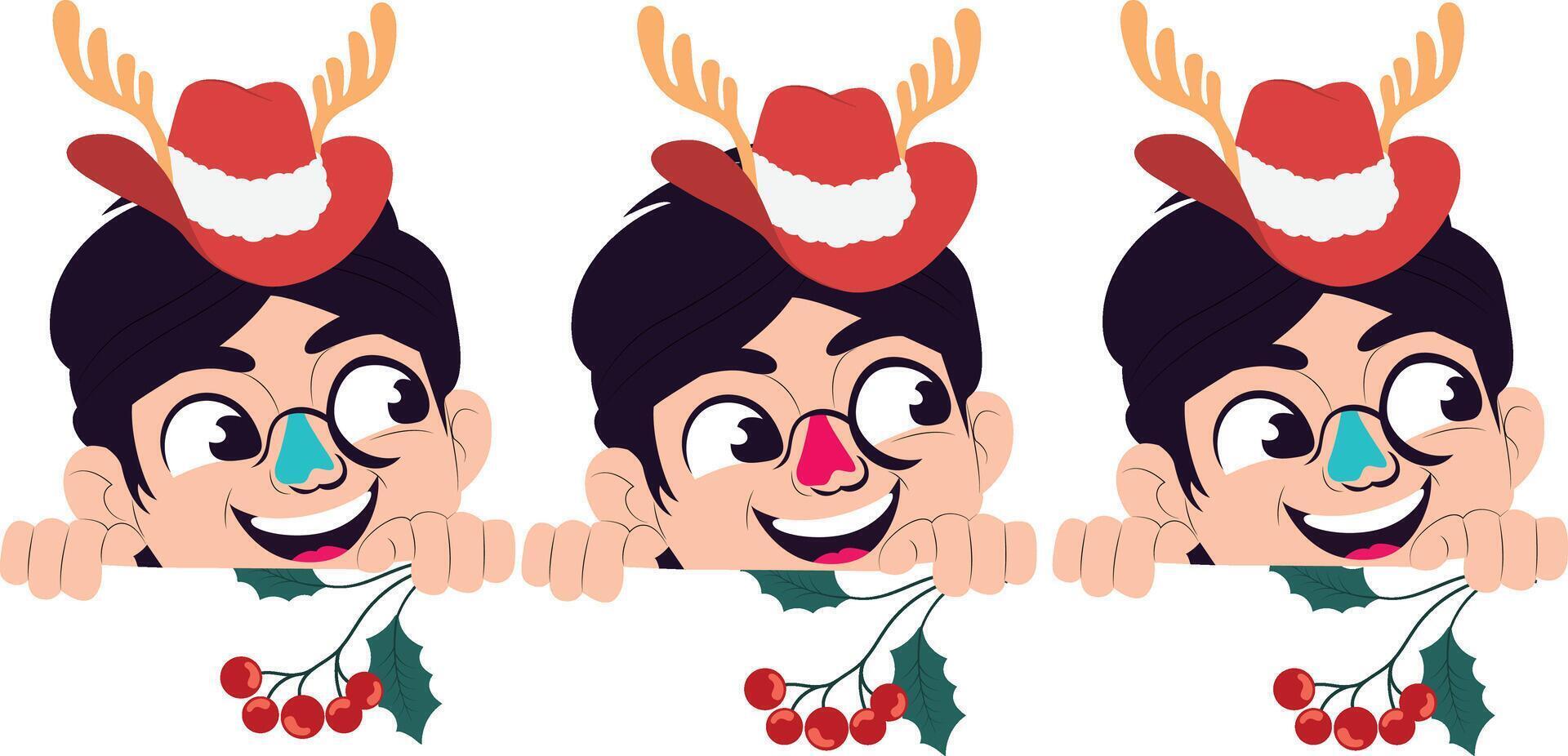 Three cartoon boys with deer horns and holly leaves vector