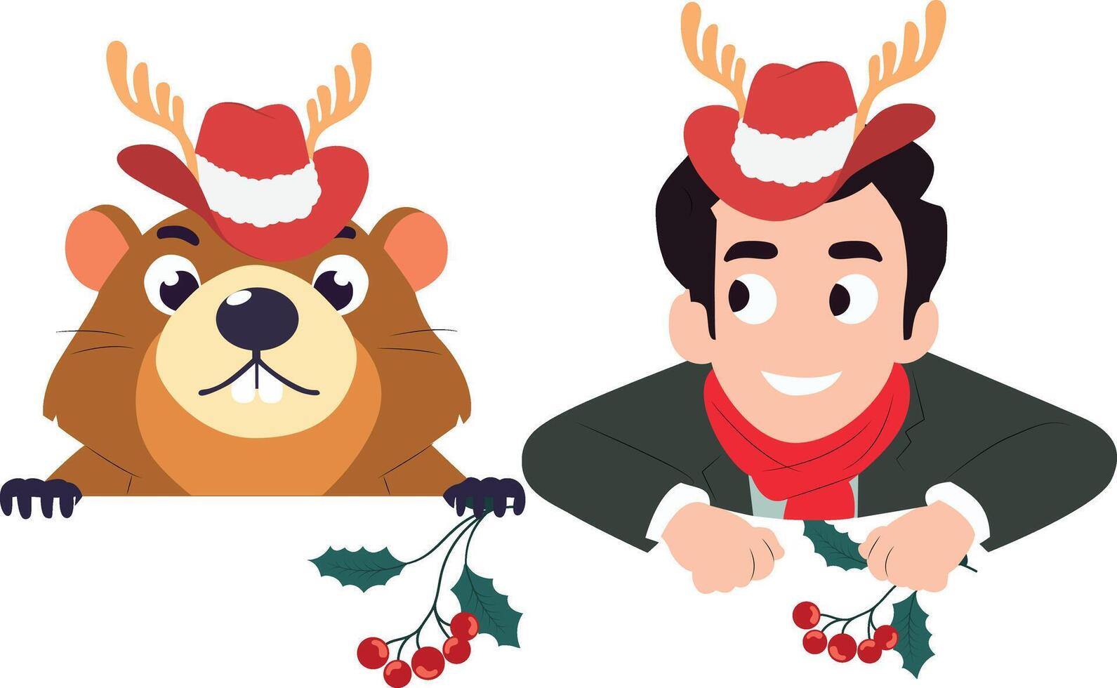Two cartoon characters with hats and horns vector