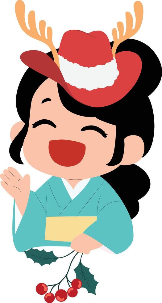 A cartoon girl wearing a red hat and holding a holly branch vector