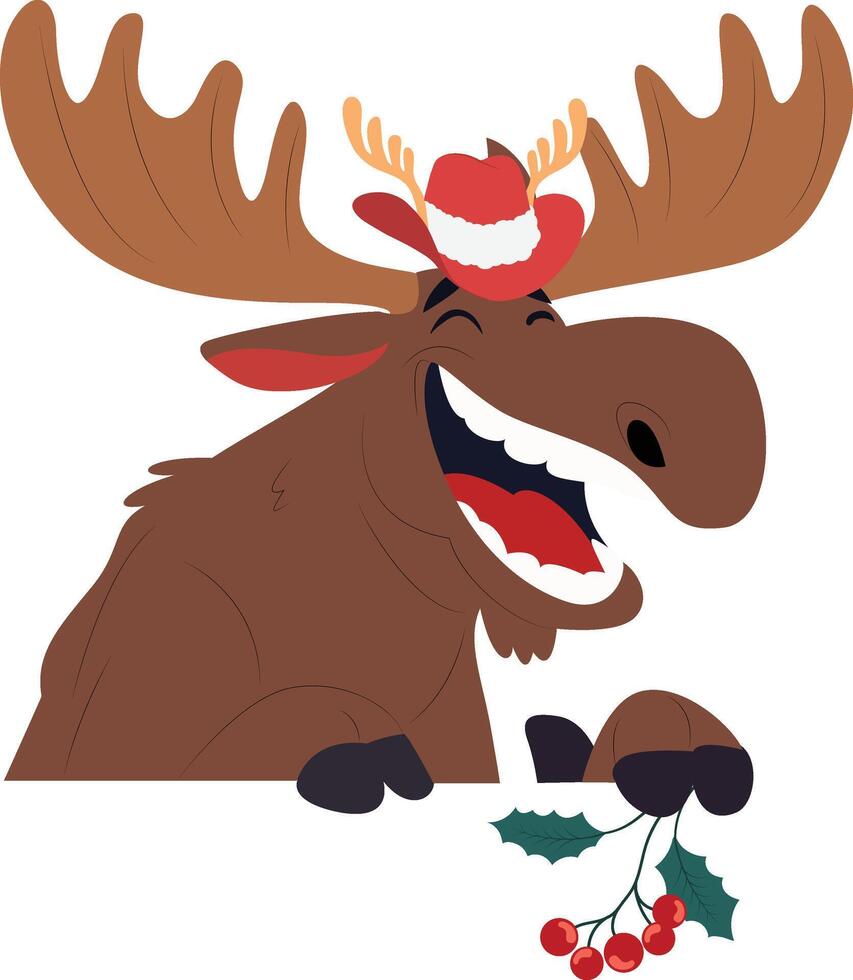 A cartoon moose with a red hat and holly leaves vector
