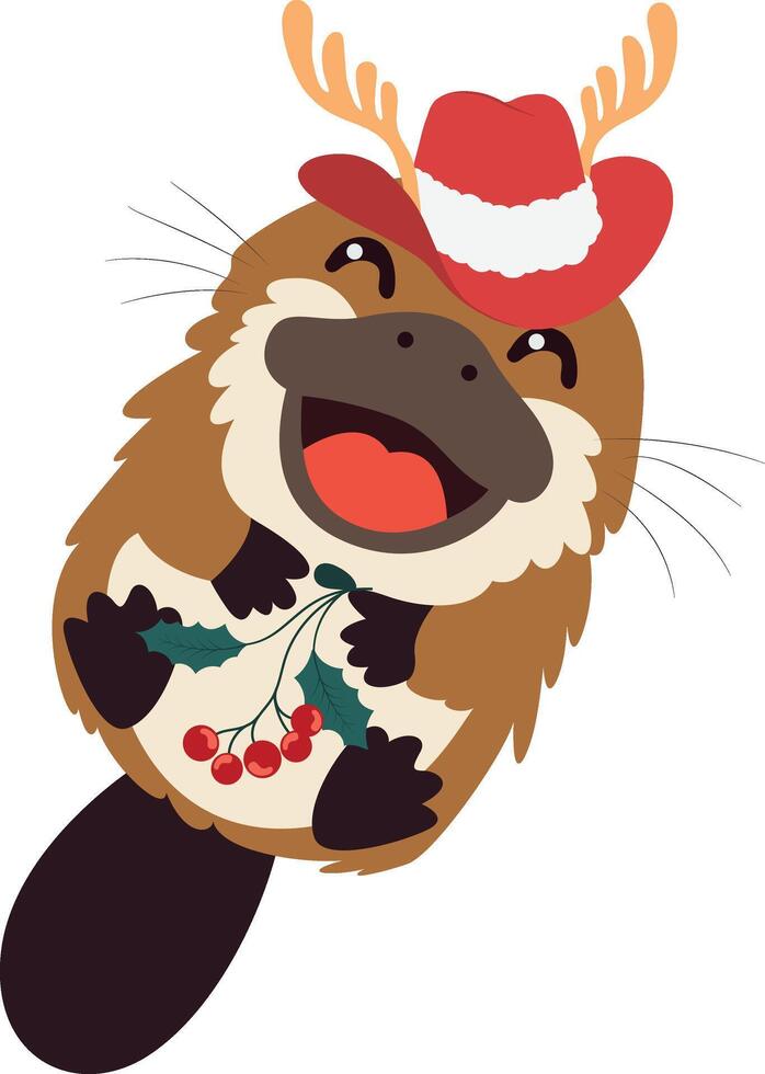 A cartoon beaver wearing a santa hat and holding a holly branch vector
