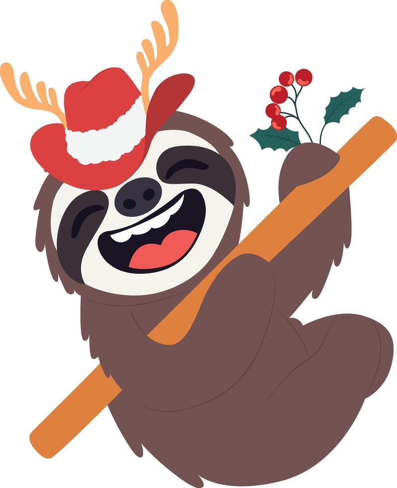 A cartoon slotty sloth is holding a stick with a holly branch vector