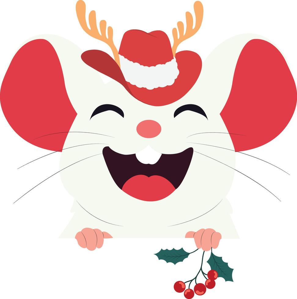A cartoon mouse wearing a santa hat and holding a holly branch vector