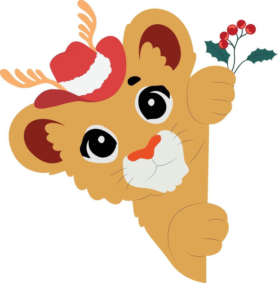 A cartoon lion wearing a hat and holding a holly branch vector