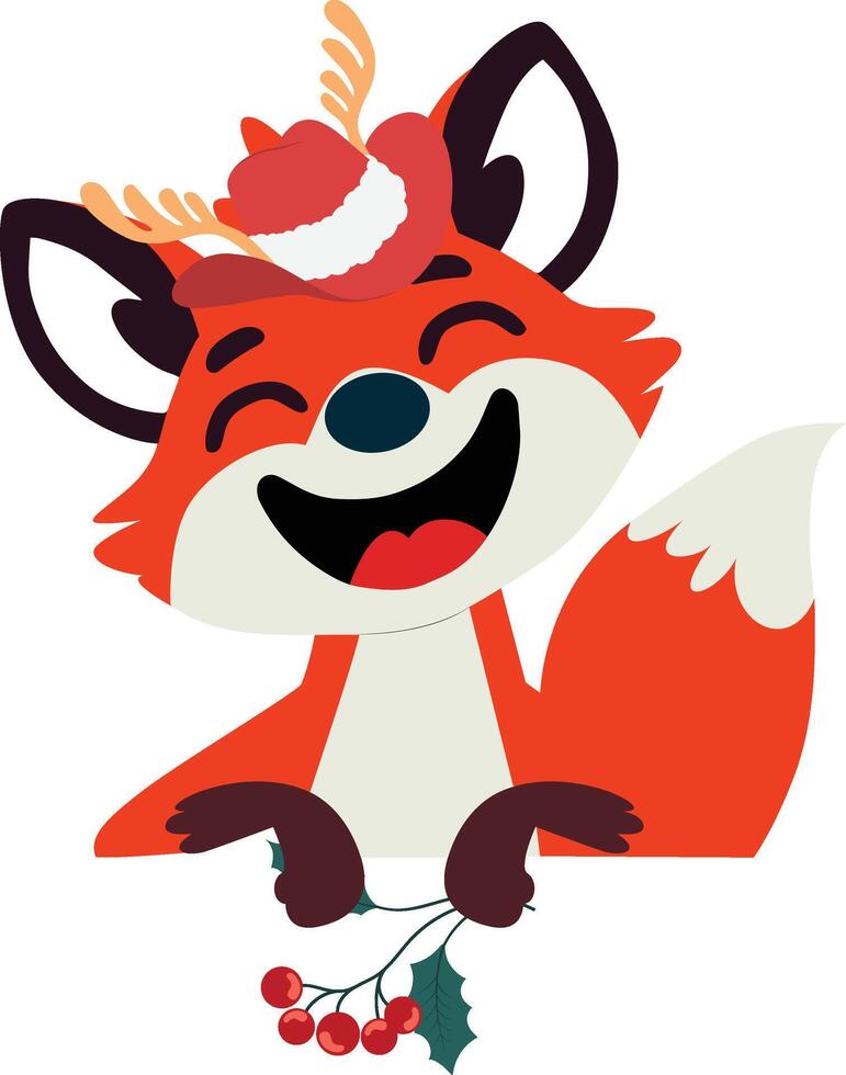 A cartoon fox with a holly branch and berries vector