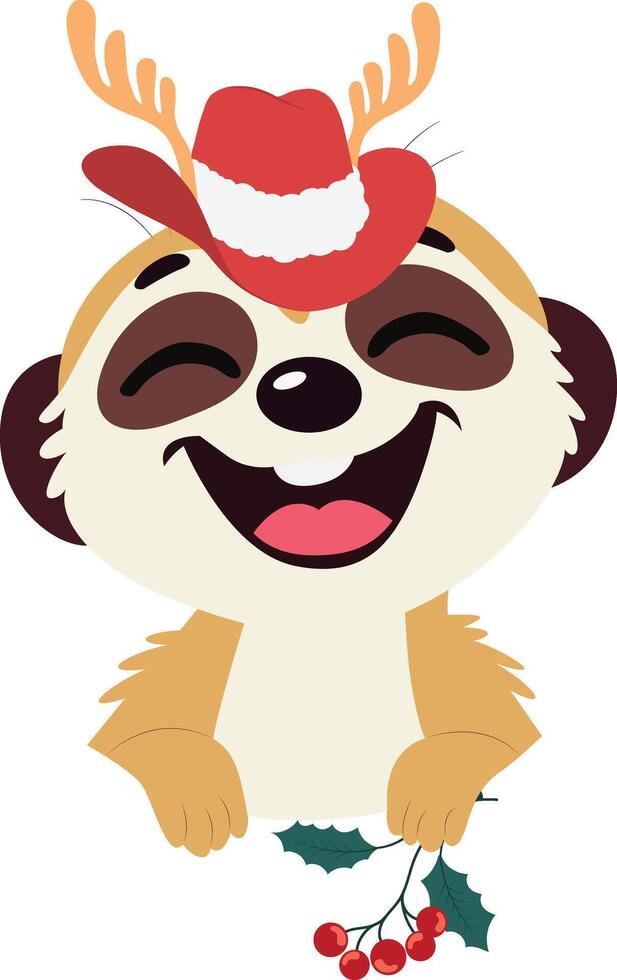 A cartoon meerkat wearing a santa hat and holding a holly branch vector