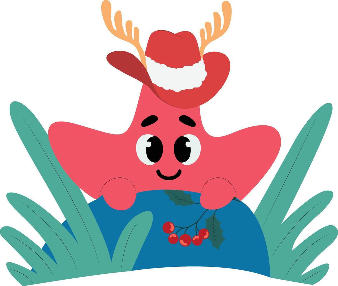 A cartoon starfish wearing a red hat and holding a holly branch vector