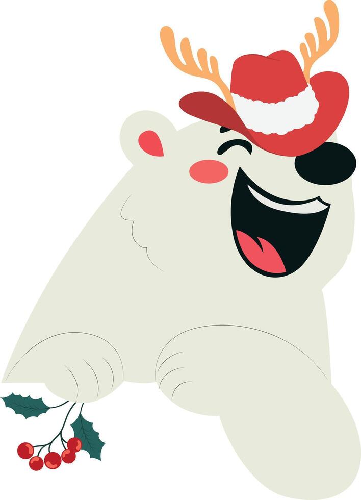 A cartoon polar bear wearing a santa hat and holding a holly branch vector