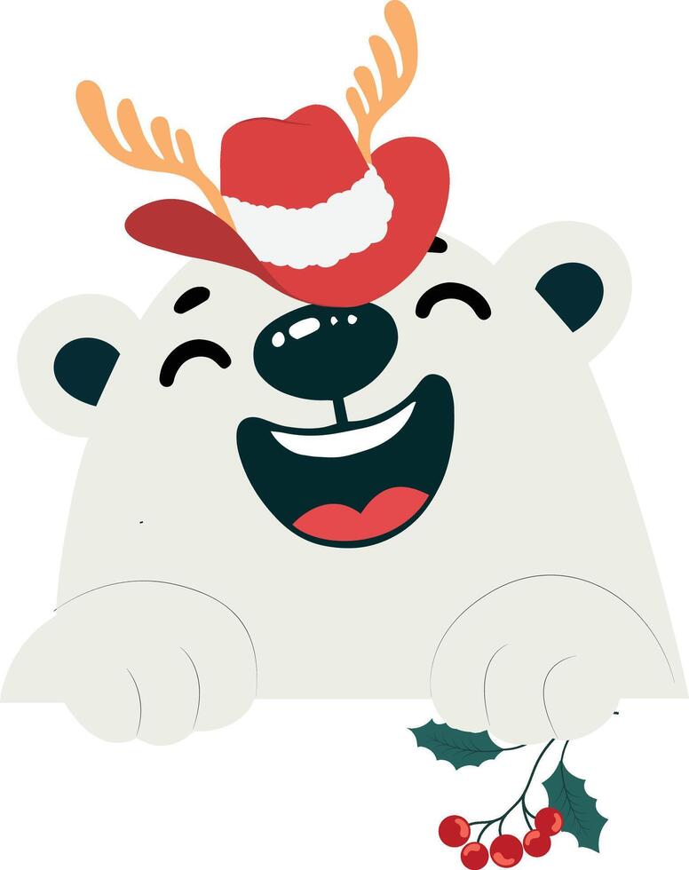A cartoon polar bear wearing a hat and holding a holly branch vector