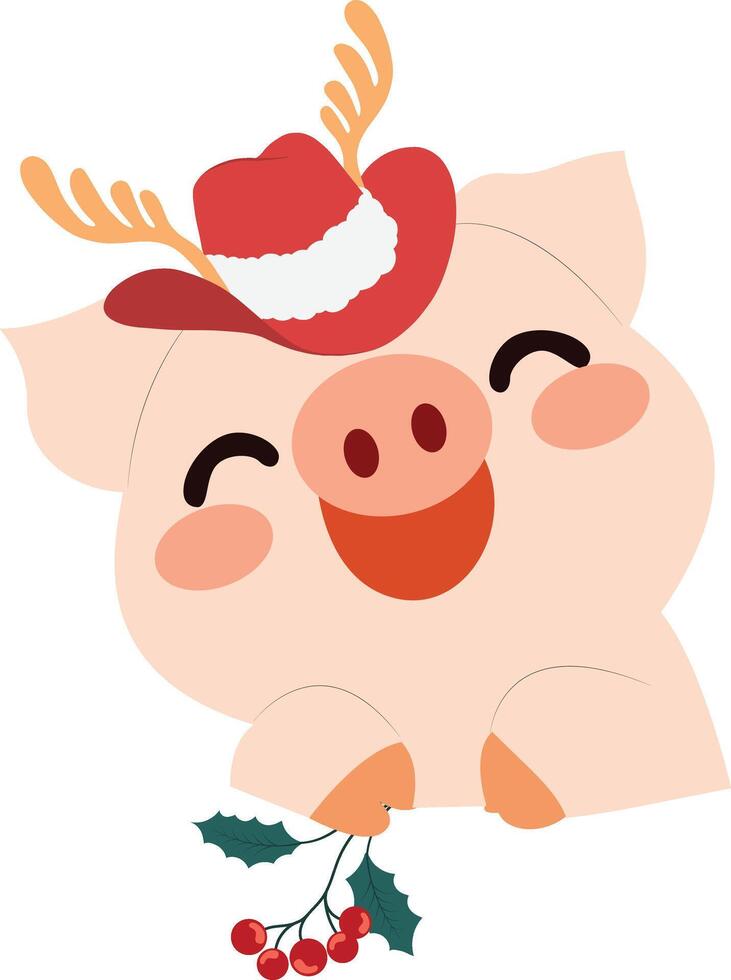 A cute pig wearing a hat and holding a holly branch vector