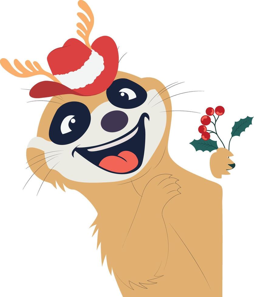 A cartoon meerkat wearing a hat and holding a holly branch vector