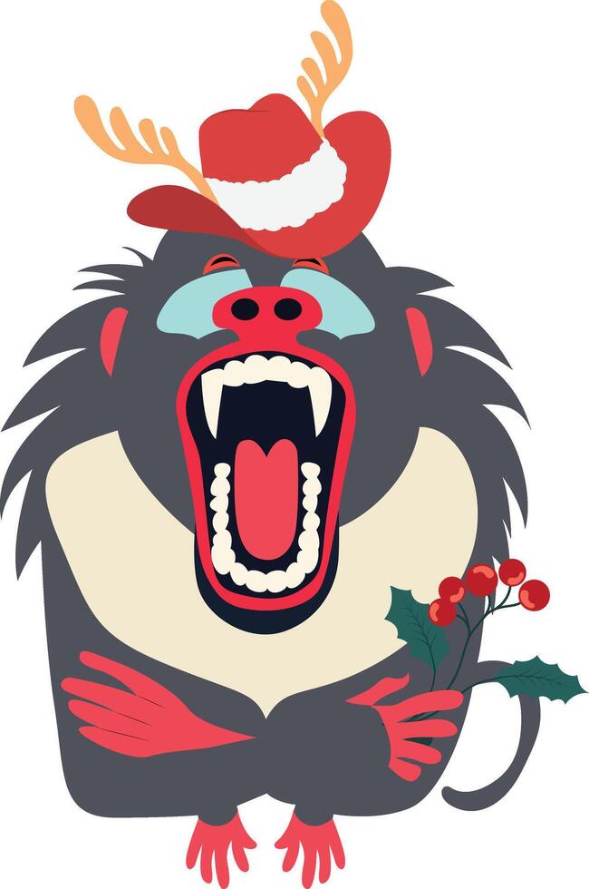 A cartoon monkey wearing a santa hat and holding a holly branch vector