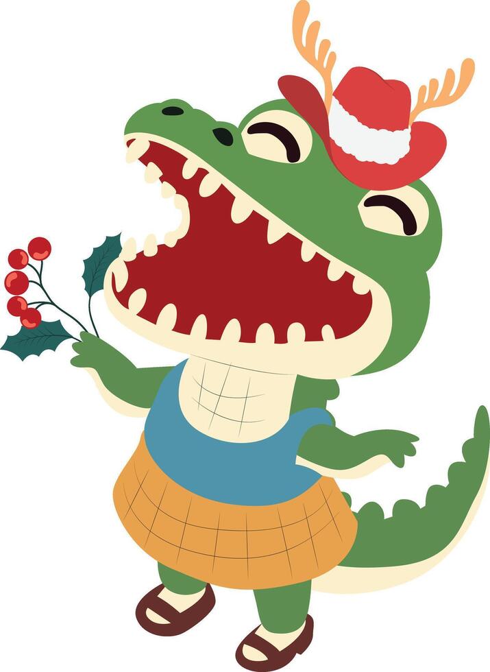 A cartoon crocodile wearing a hat and holding a holly branch vector