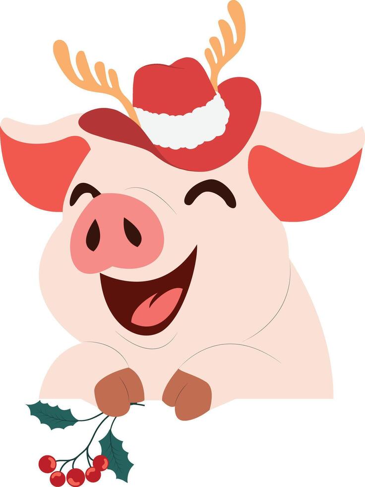 A cartoon pig wearing a santa hat and holding a holly branch vector