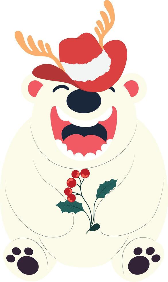 A cartoon polar bear wearing a hat and holding a holly vector