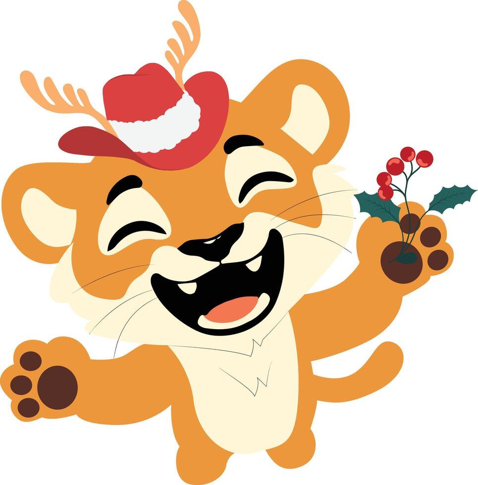 A cartoon tiger wearing a hat and holding a holly branch vector