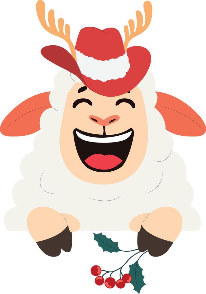 A sheep wearing a santa hat and holding a holly branch vector