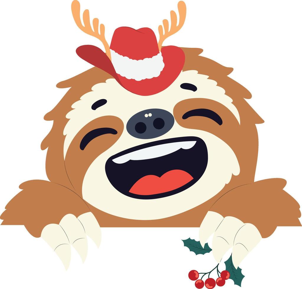 A cartoon slotty sloth wearing a santa hat and holding a holly branch vector
