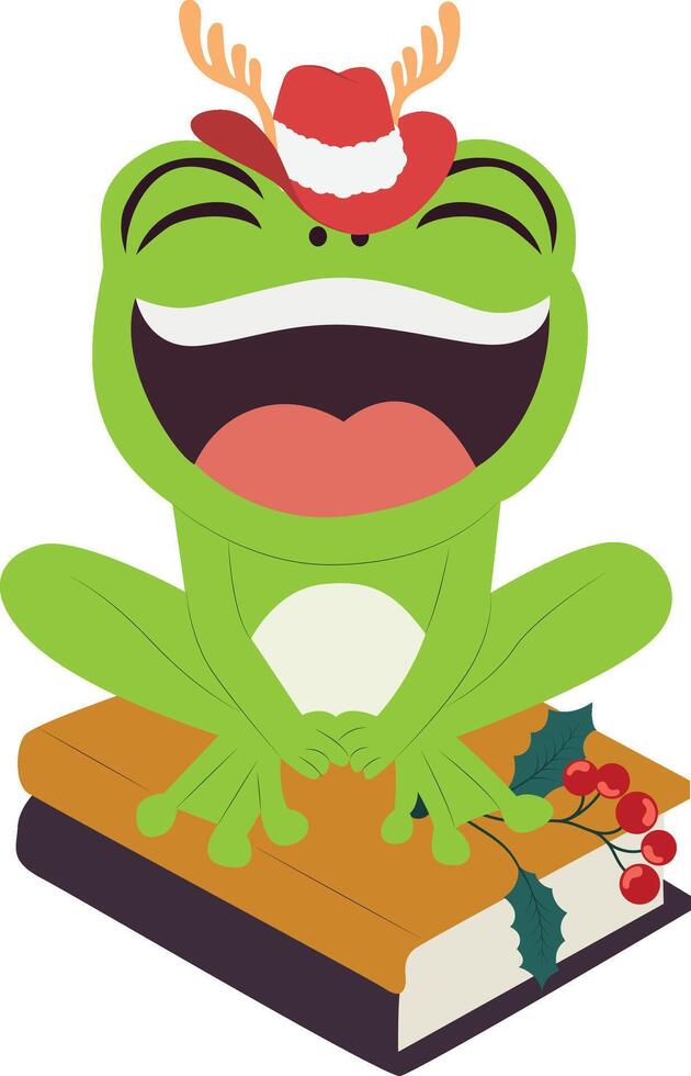 A cartoon frog wearing a santa hat and sitting on a book vector