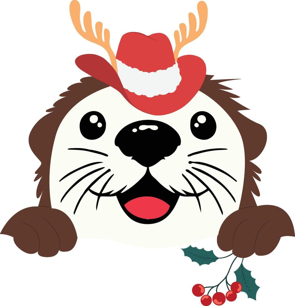 Otter wearing hat and christmas holly vector